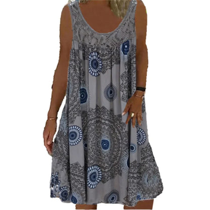 Women’s Sleeveless Boho Print Dress – A-Line Pleated Hem Lace Splice Knee-Length Summer Dress – Casual, Holiday & Beach – Sizes S–XXXL