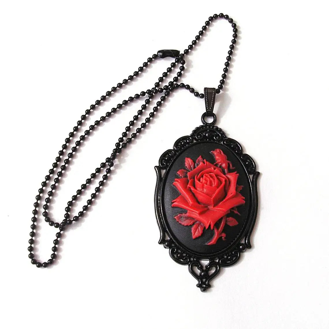 Rose Cameo Necklace, Gothic jewelry, Black bead chain, Victorian, Pagan, Alternative, Witchcraft accessories, Rose Choker, Gift
