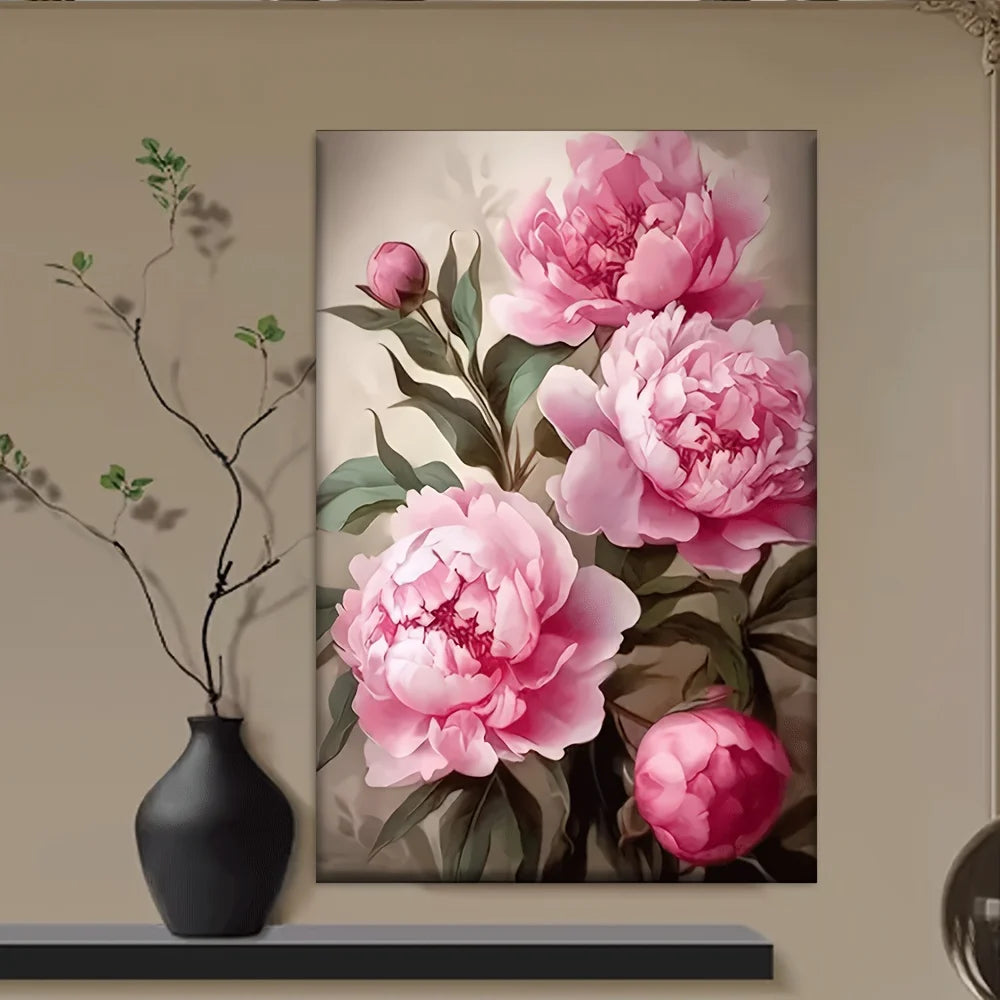 Pink Peony Canvas Wall Art – Unframed Vibrant Floral Print for Living Room, Office & Cafe