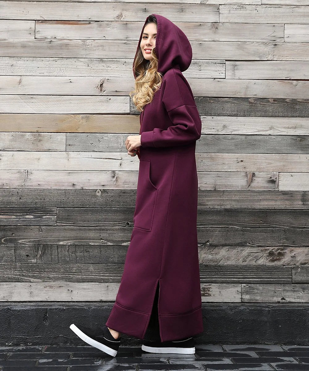Women's Hoodie Midi Dress – Lace-Up Hem Hooded Sweatshirt Dress – Casual Loose Long Dress for Autumn & Winter