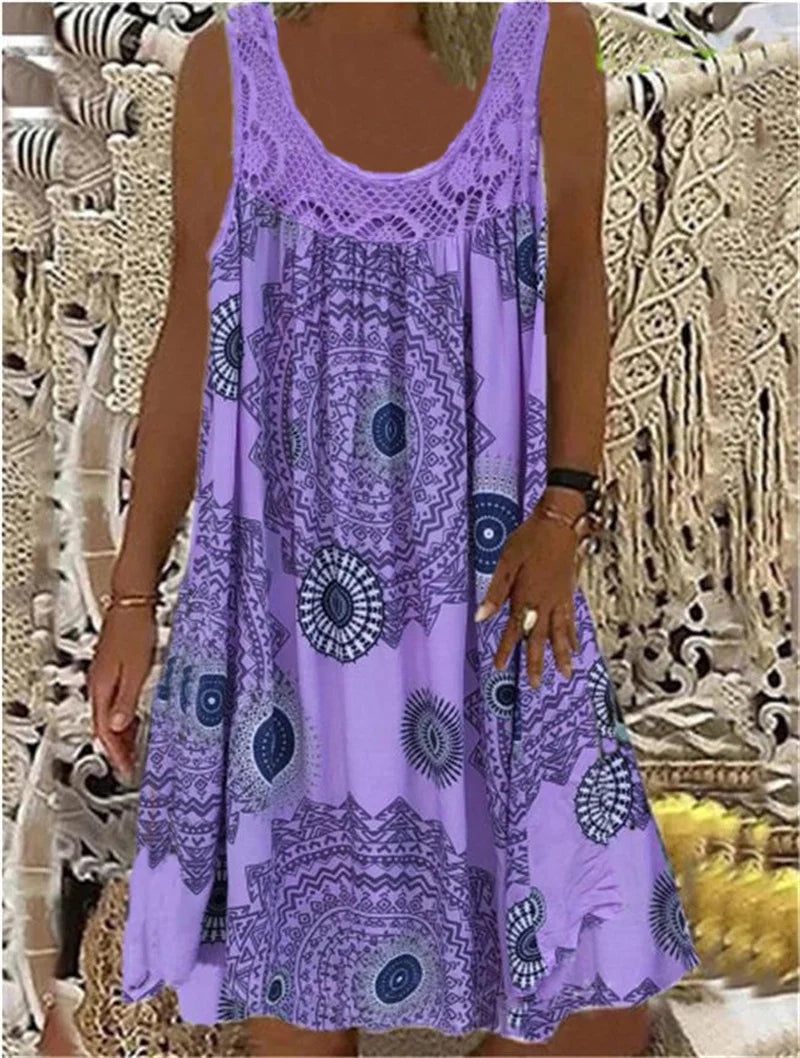 Women’s Sleeveless Boho Print Dress – A-Line Pleated Hem Lace Splice Knee-Length Summer Dress – Casual, Holiday & Beach – Sizes S–XXXL