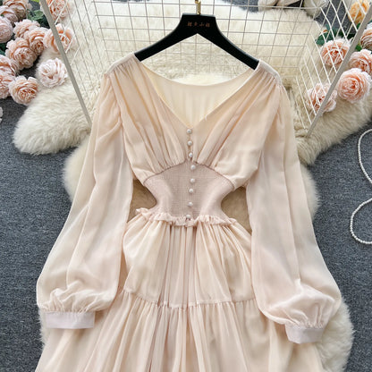 Vintage Chiffon Long Dress Women Elegant V-neck Long Sleeved Casual Dresses French Pleated Slim A-line Long Robe Vestidos