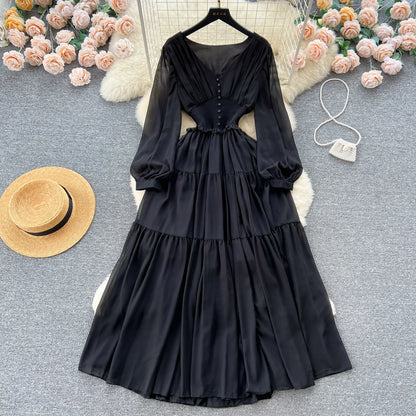 Vintage Chiffon Long Dress Women Elegant V-neck Long Sleeved Casual Dresses French Pleated Slim A-line Long Robe Vestidos