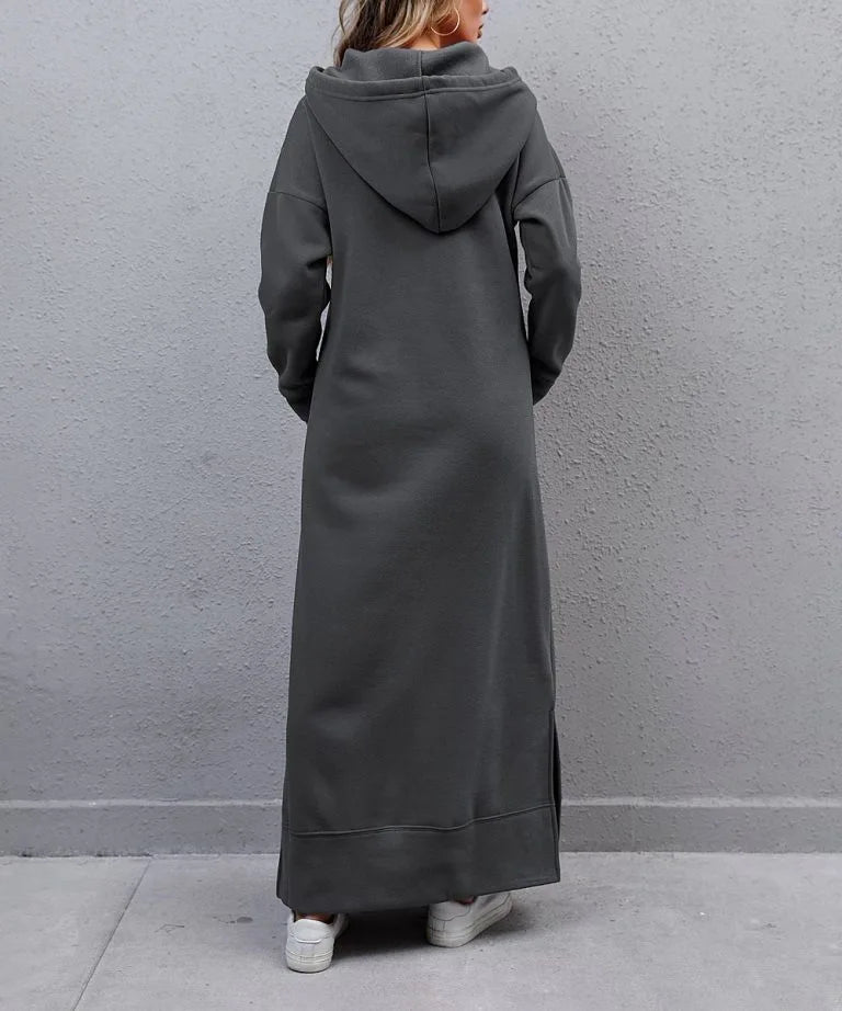 Women's Hoodie Midi Dress – Lace-Up Hem Hooded Sweatshirt Dress – Casual Loose Long Dress for Autumn & Winter