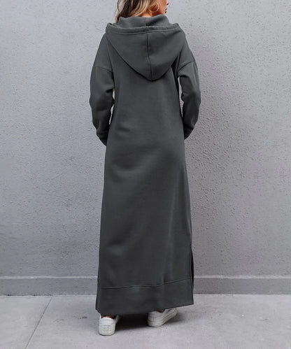 Women's Hoodie Midi Dress – Lace-Up Hem Hooded Sweatshirt Dress – Casual Loose Long Dress for Autumn & Winter