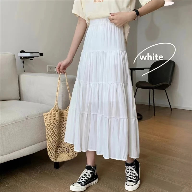 Women's Tiered A-Line Midi Skirt | Empire Waist, Patchwork, 4 Colors