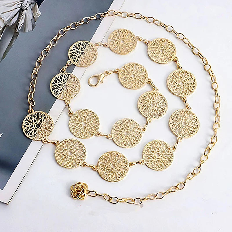Elegant Round Metal Belt for Women – Retro Gold & Silver Carved Hollow-Out Waistband