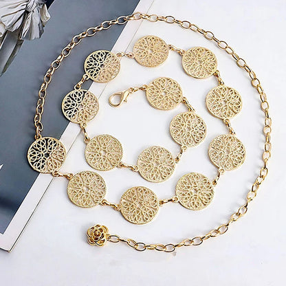 Elegant Round Metal Belt for Women – Retro Gold & Silver Carved Hollow-Out Waistband