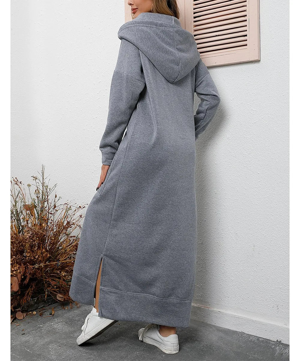 Women's Hoodie Midi Dress – Lace-Up Hem Hooded Sweatshirt Dress – Casual Loose Long Dress for Autumn & Winter