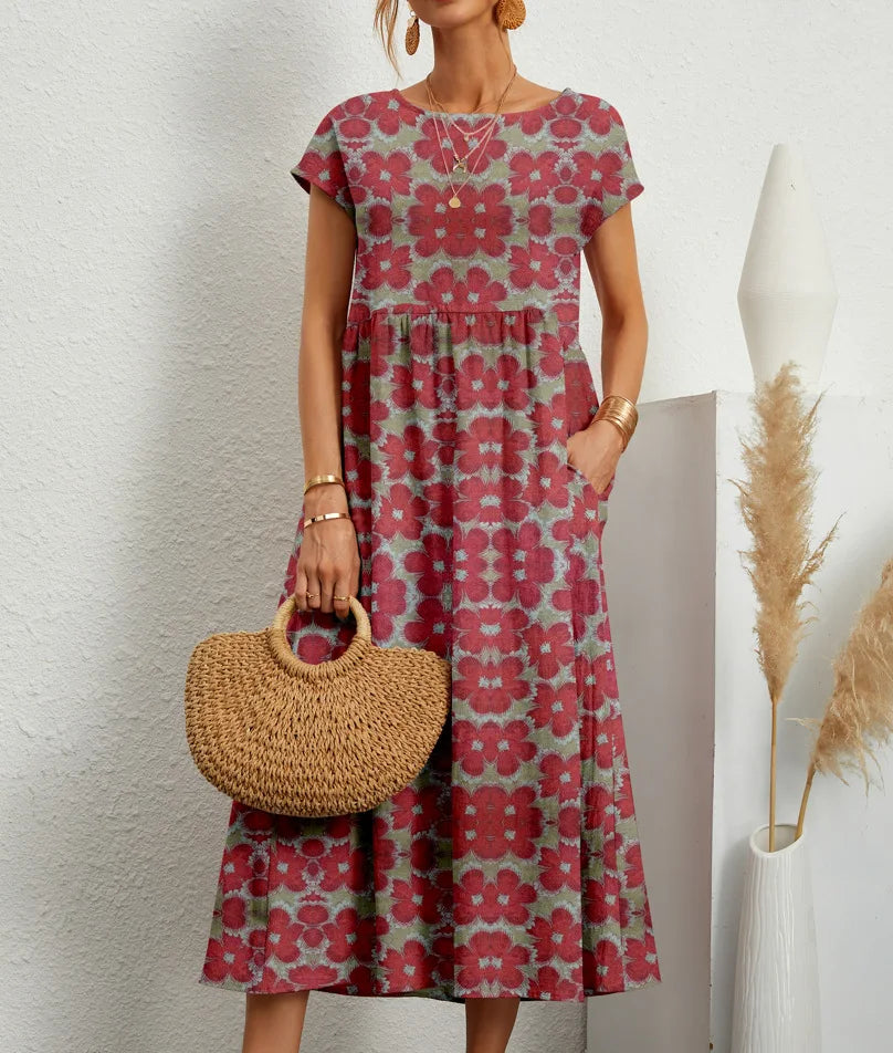 Women’s Floral Boho Midi Dress – A-Line Short Sleeve Cotton Blend Pleated Summer Dress – Casual, Beach & Party – Sizes S–XXL