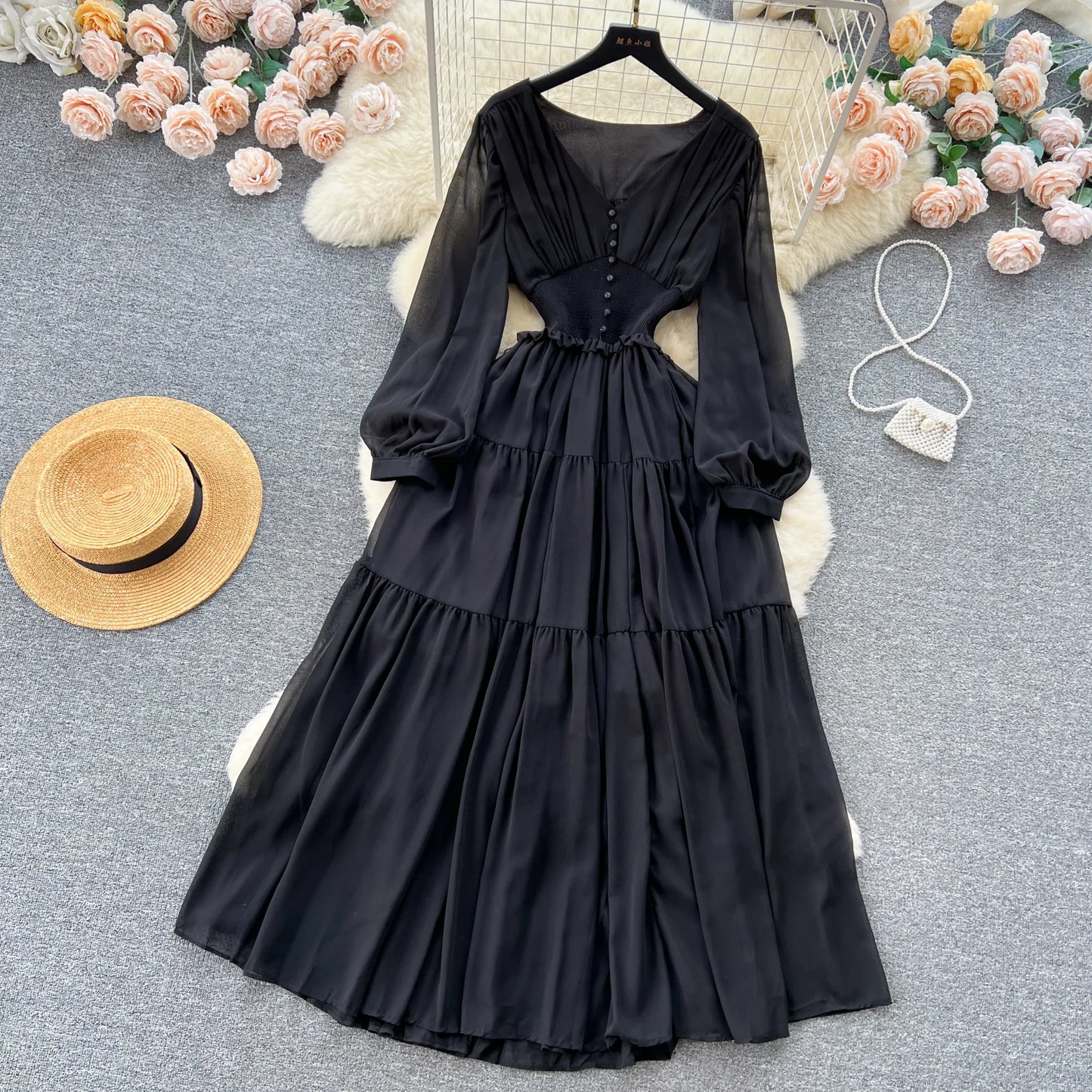 Vintage Chiffon Long Dress Women Elegant V-neck Long Sleeved Casual Dresses French Pleated Slim A-line Long Robe Vestidos