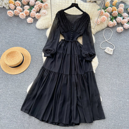 Vintage Chiffon Long Dress Women Elegant V-neck Long Sleeved Casual Dresses French Pleated Slim A-line Long Robe Vestidos