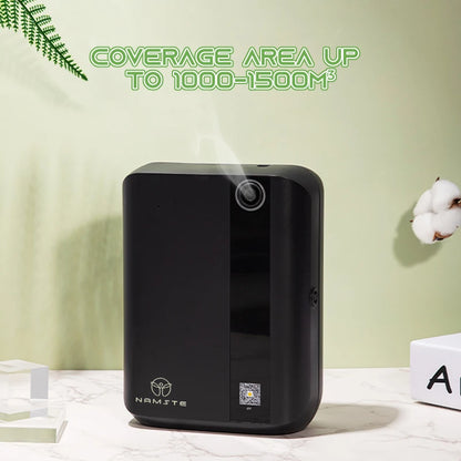 Black air purifier with 'NAMSTE' branding on a light green background | Origin Zero
