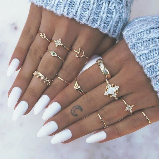 Crystal Stone Geometric Inlaid Gold 12 Piece Midi Rings Set - #14 midi gold set