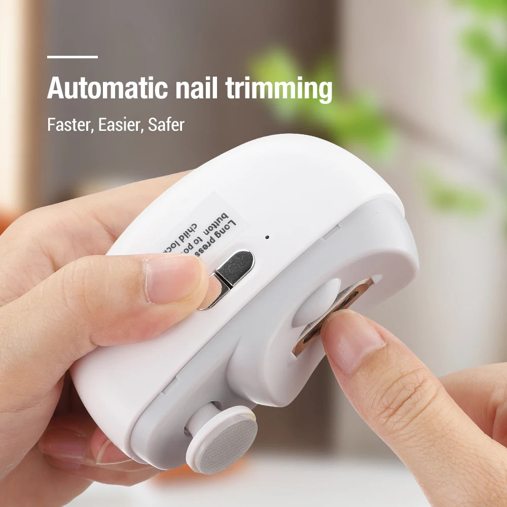 Automatic nail trimming device being used on a finger with a blurred background | Origin Zero