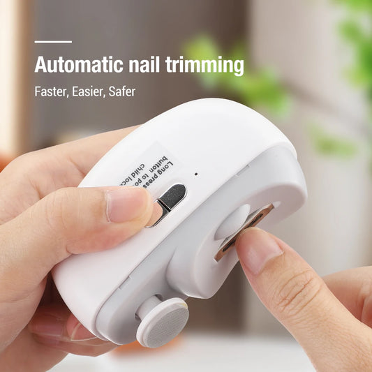 Automatic nail trimming device being used on a finger with a blurred background | Origin Zero
