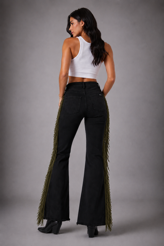 Texas Sun Bell Bottom Jean Olive Fringe