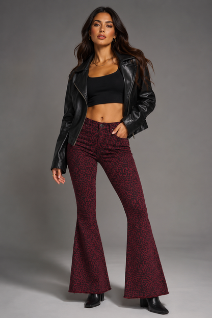 Leopard Print Bell Bottom Pant in Burgundy