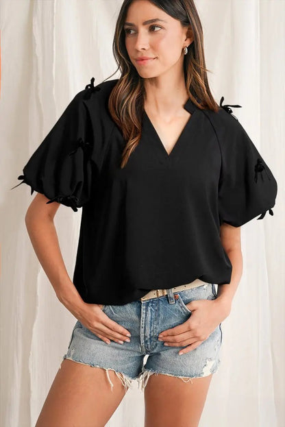 Women's Blouse - Puff Sleeve & Black Bow - Southern Belle Style