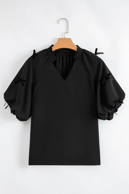Women's Blouse - Puff Sleeve & Black Bow - Southern Belle Style