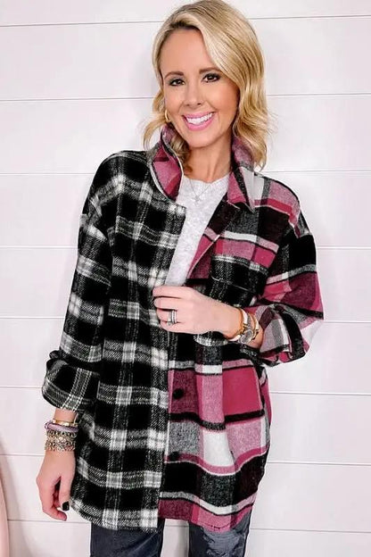 Women's Shacket Shacket Jacket - Black Plaid Colorblock - Loose Fit