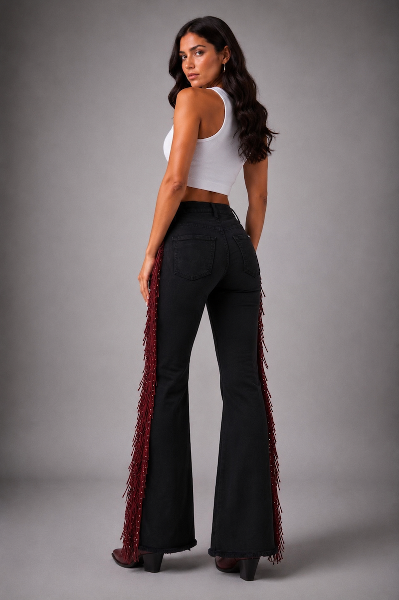 Texas Sun Bell Bottom Jean Burgundy Fringe