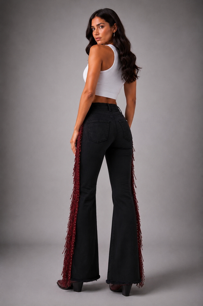 Texas Sun Bell Bottom Jean Burgundy Fringe