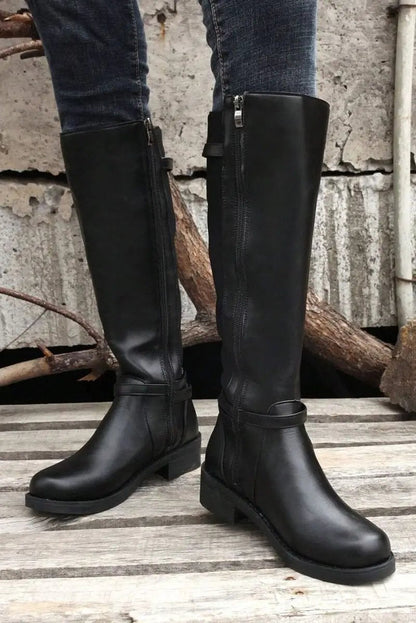 Shoes Love Salve Black Faux Leather Women's Knee-High Boots Western Style + Chunky Heel