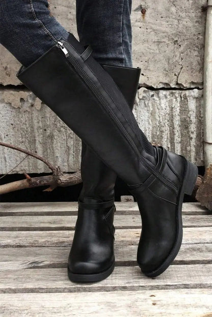 Shoes Love Salve Black Faux Leather Women's Knee-High Boots Western Style + Chunky Heel