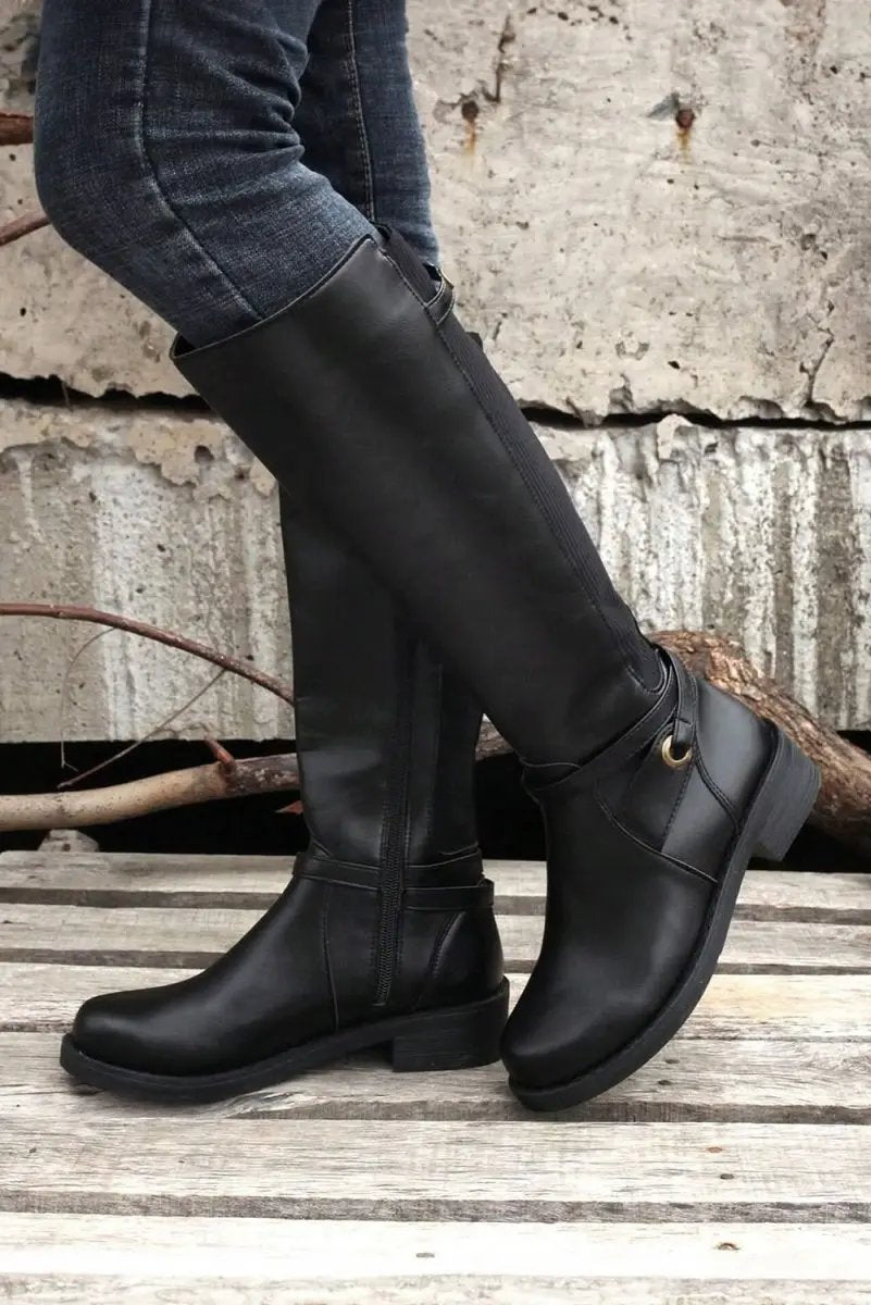 Shoes Love Salve Black Faux Leather Women's Knee-High Boots Western Style + Chunky Heel