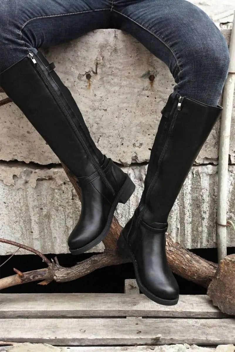 Shoes Love Salve Black Faux Leather Women's Knee-High Boots Western Style + Chunky Heel