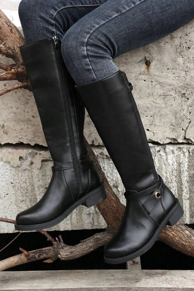 Shoes Love Salve Black Faux Leather Women's Knee-High Boots Western Style + Chunky Heel