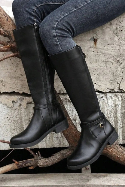 Shoes Love Salve Black Faux Leather Women's Knee-High Boots Western Style + Chunky Heel