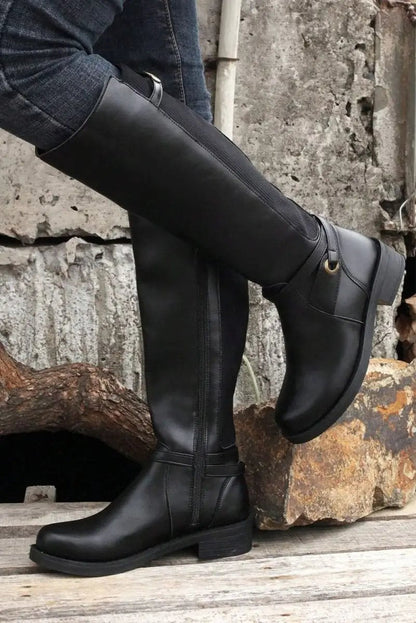 Shoes Love Salve Black Faux Leather Women's Knee-High Boots Western Style + Chunky Heel