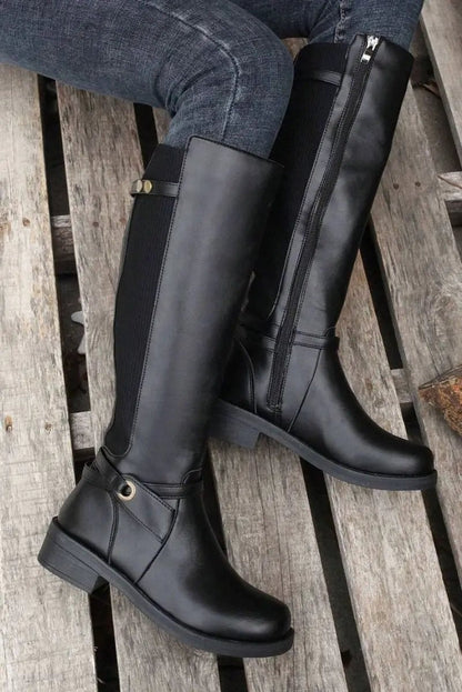 Shoes Love Salve Black Faux Leather Women's Knee-High Boots Western Style + Chunky Heel