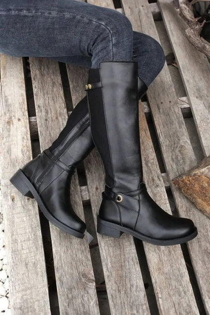 Shoes Love Salve Black Faux Leather Women's Knee-High Boots Western Style + Chunky Heel
