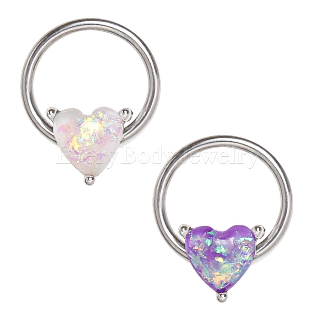 Synthetic Opal Heart Snap-in Captive Bead Ring / Septum Ring