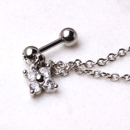 316L Surgical Steel Flower CZ Double Chained Cartilage Earring