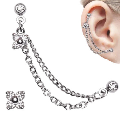 316L Surgical Steel Flower CZ Double Chained Cartilage Earring