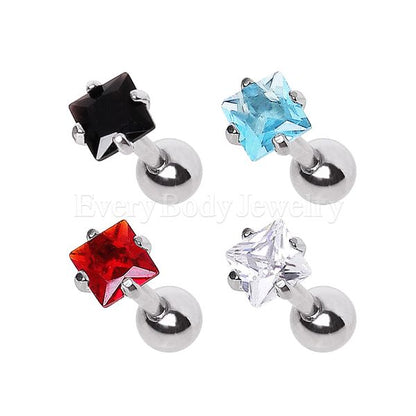 316L Surgical Steel Prong Set Square CZ Cartilage Earring