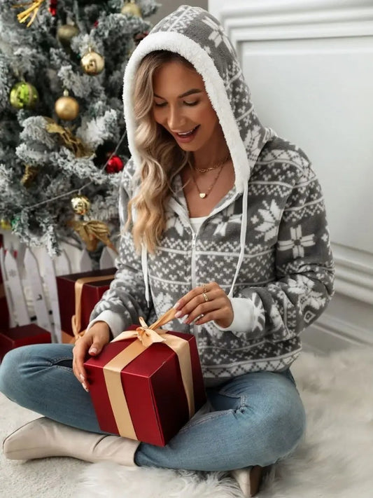 Trendsi Snowflake Zip Up Women's Hooded Outerwear Winter Fashion Drawstring