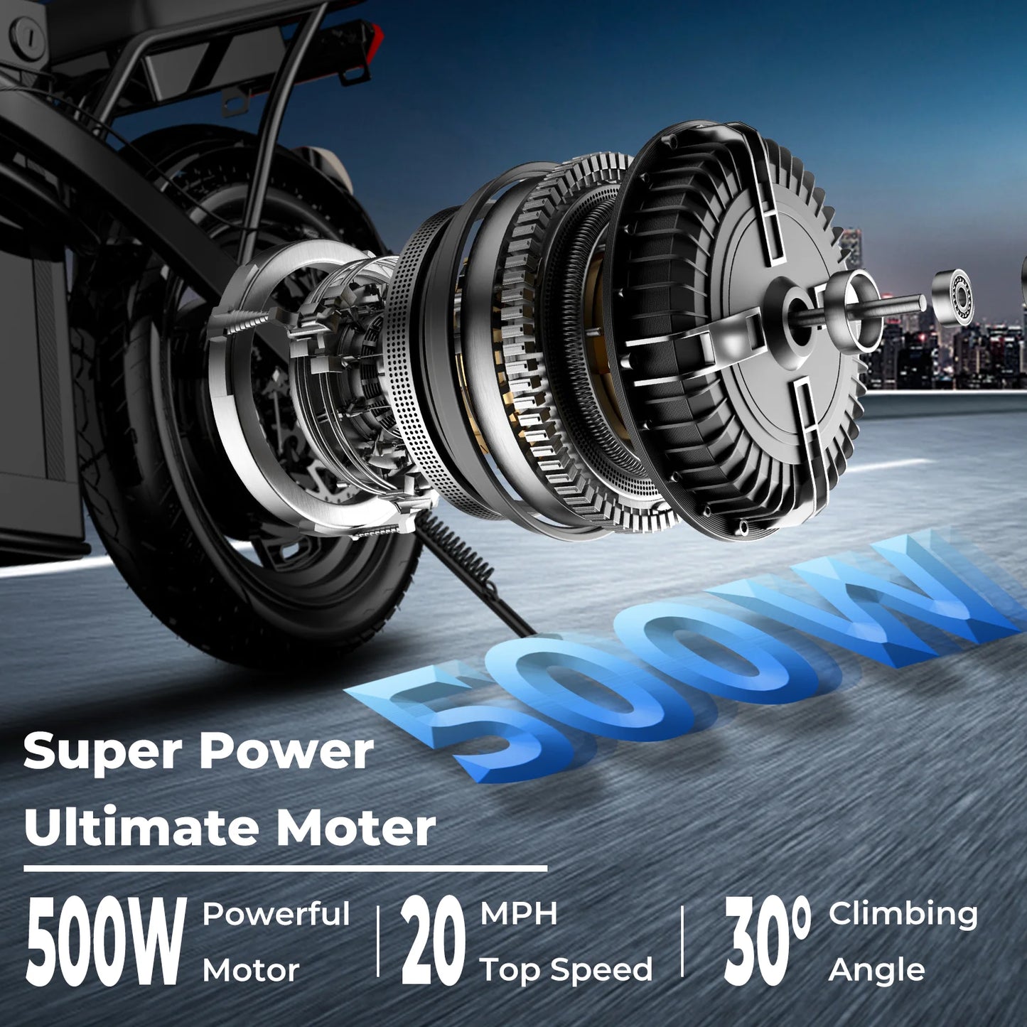 Motorcycle gear system with '500W' text on a road, cityscape background | Origin Zero