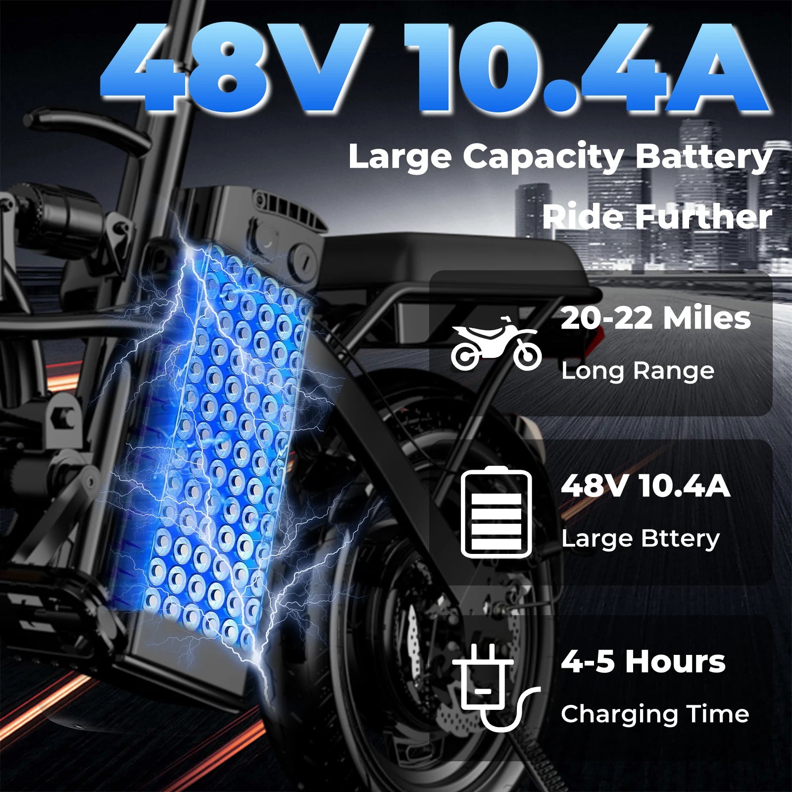 Electric bike with 48V 10.4A battery pack and performance details on a dark background | Origin Zero