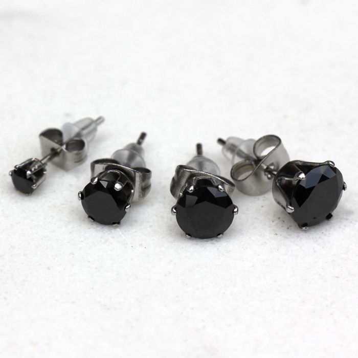Pair of 316L Surgical Steel Black Round CZ Stud Earrings
