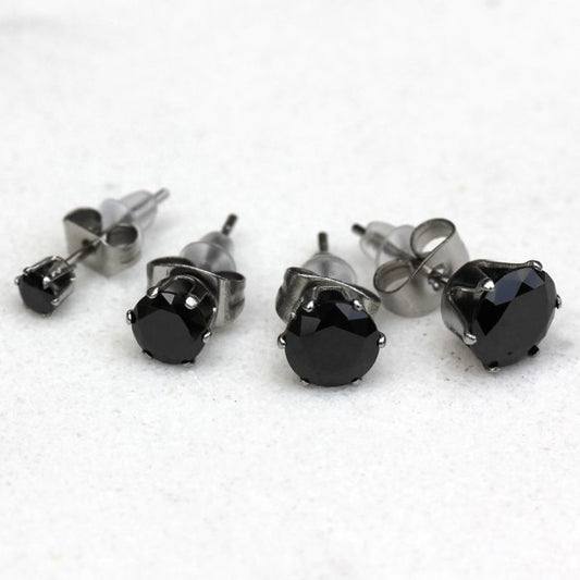 Pair of 316L Surgical Steel Black Round CZ Stud Earrings