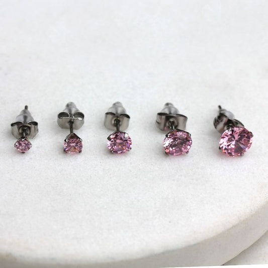 Pair of 316L Surgical Steel Pink Round CZ Stud Earrings