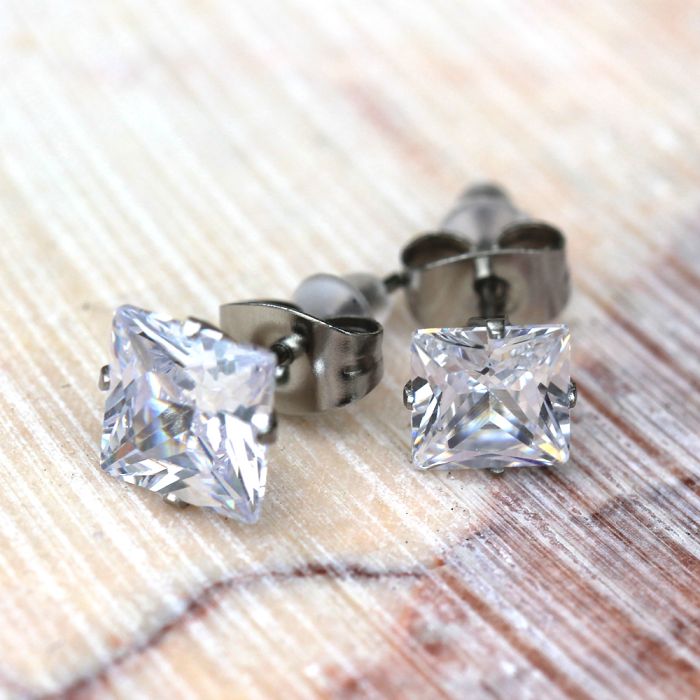 Pair of 316L Surgical Steel Clear Princess Cut CZ Stud Earrings