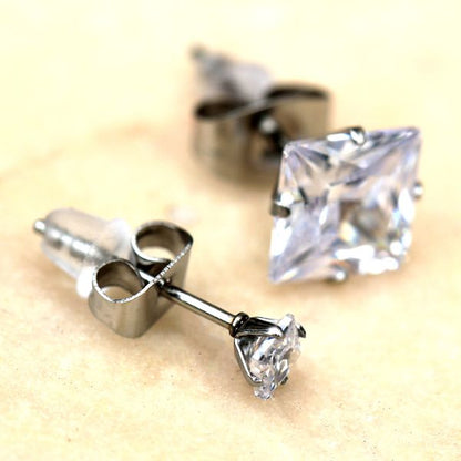 Pair of 316L Surgical Steel Clear Princess Cut CZ Stud Earrings