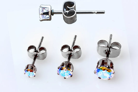 Pair of 316L Stainless Steel Aurora Borealis Round CZ Stud Earrings