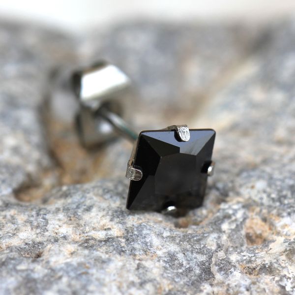 Pair of 316L Stainless Steel Black Princess Cut CZ Stud Earrings